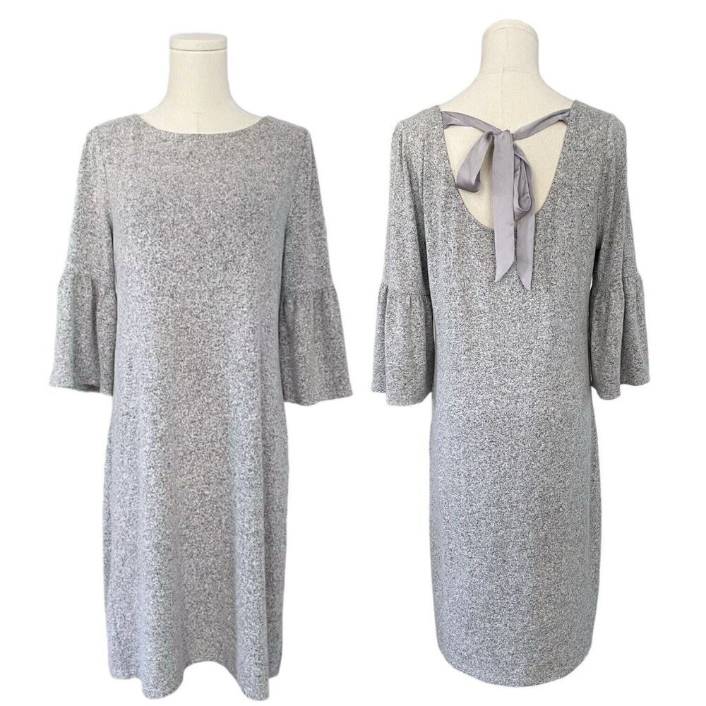 White House Black Market Bell Sleeve Sweater Dress Sz M Midi Keyhole Fleece Gray